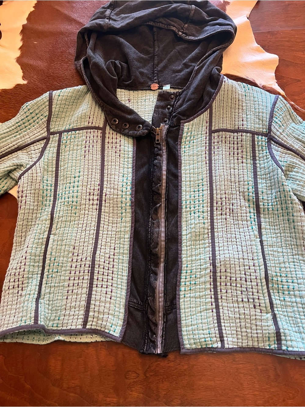 Free People Quilted Hooded Jacket in Light Mint and Charcoal